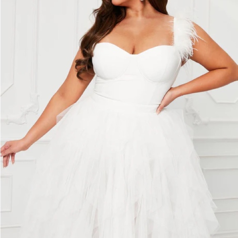 Fashion Nova White Feather-Trim Tulle Dress
